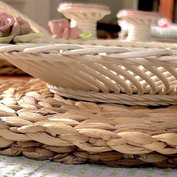 Woven Rose Basket Cream Pink Belleek Ware Bev Sparks Handcrafted 1991 Florida - Picture 10 of 16
